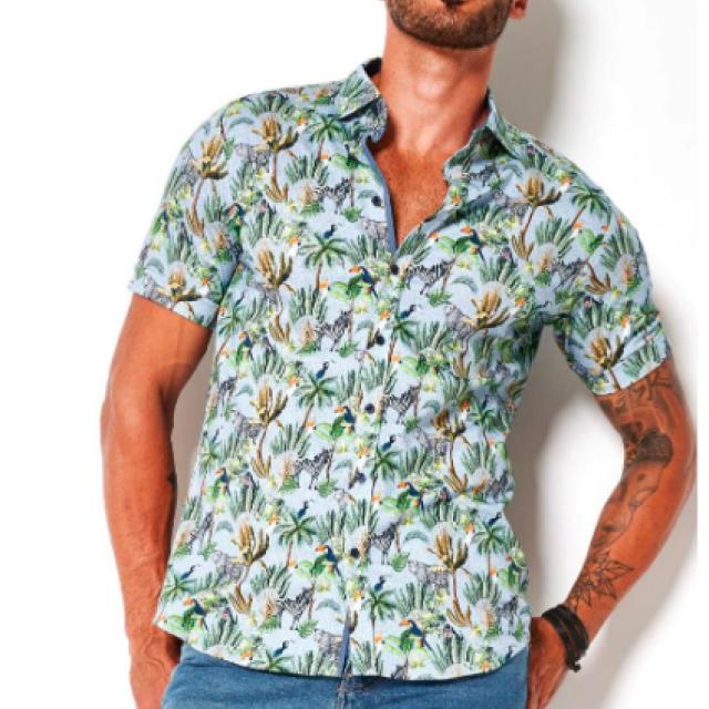 a man in a blue shirt
