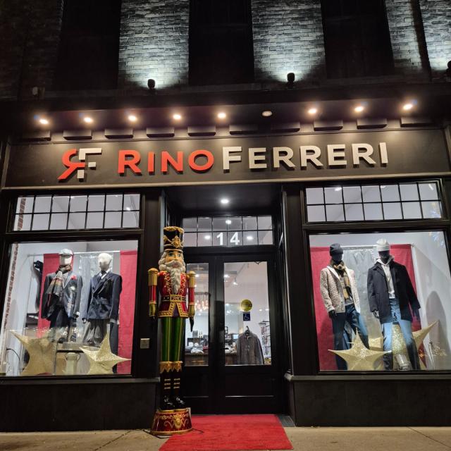 a store front at night